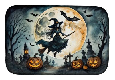 Flying Witch Spooky Halloween Dish Drying Mat Absorbent Dish Drying Mat Pad for Kitchen Counter Dish Drainer Mat for Countertop, 14 x 21", Multicolor